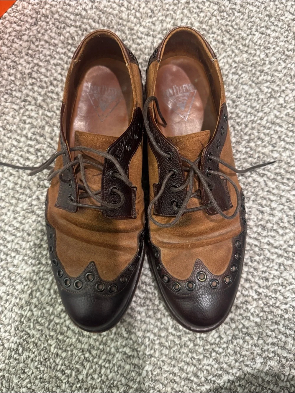 John Fluevog Men's Two-Tone Brown Suede & Leather Wingtip Oxfords
